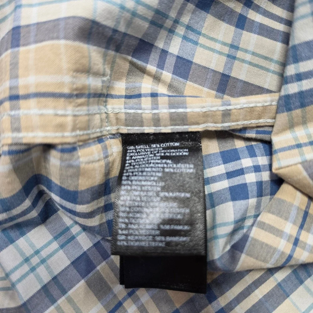 The North Face Button Up Shirt Mens L Blue Tan Excellent Plaid Short Sleeve